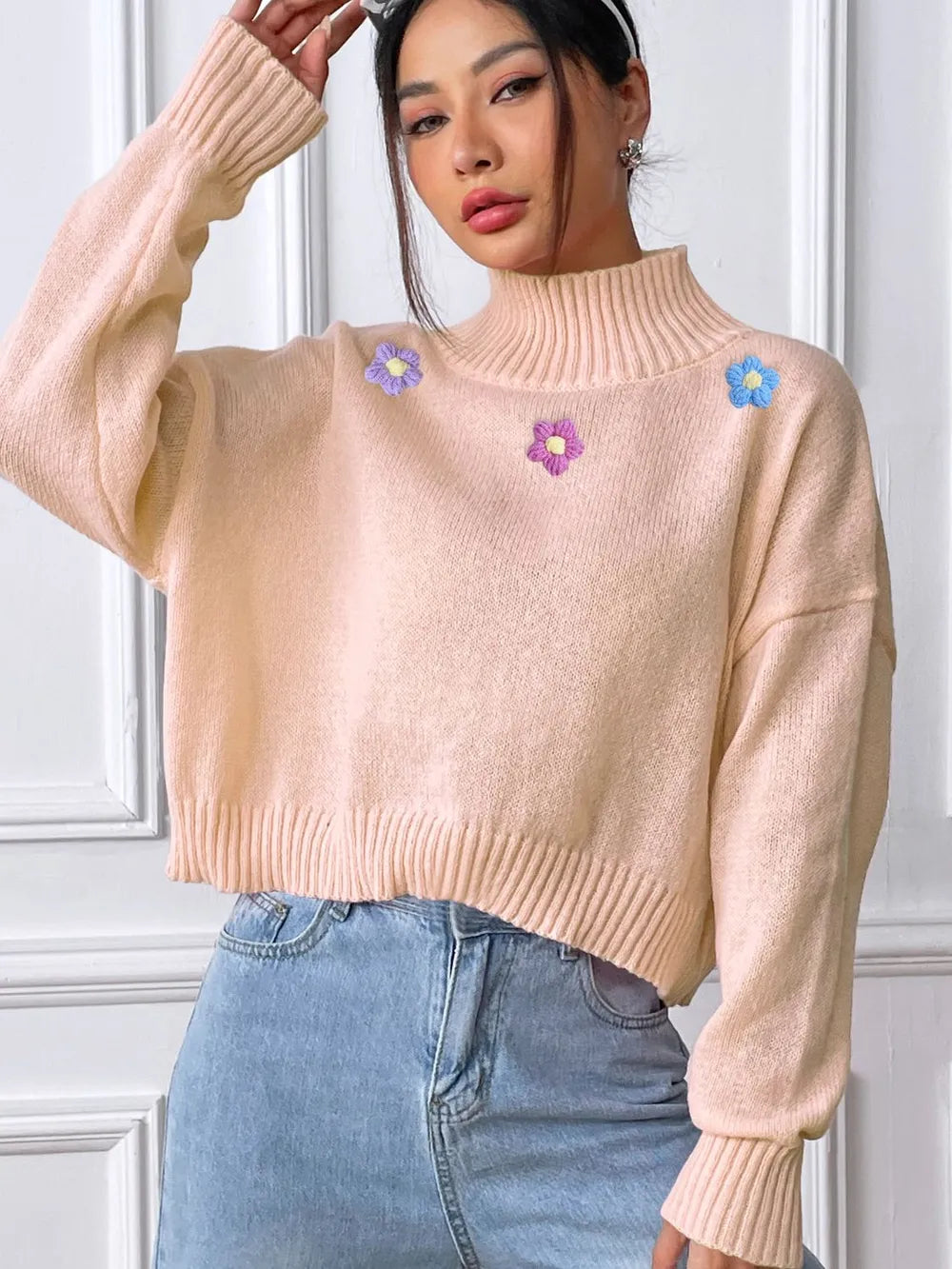 Hand hook flower collage high neck pullover sweater loose casual base sweater - Korvel
