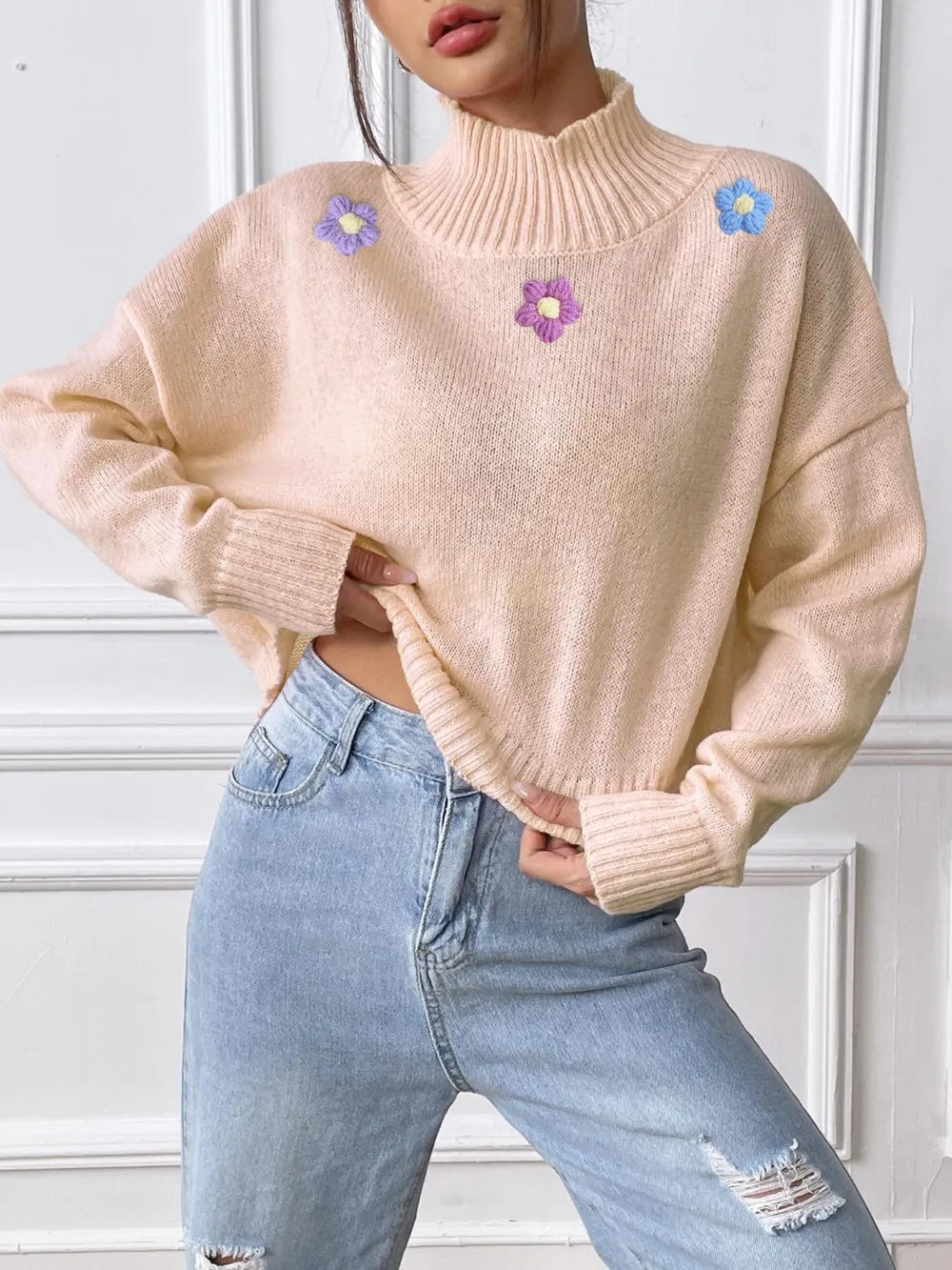 Hand hook flower collage high neck pullover sweater loose casual base sweater - Korvel