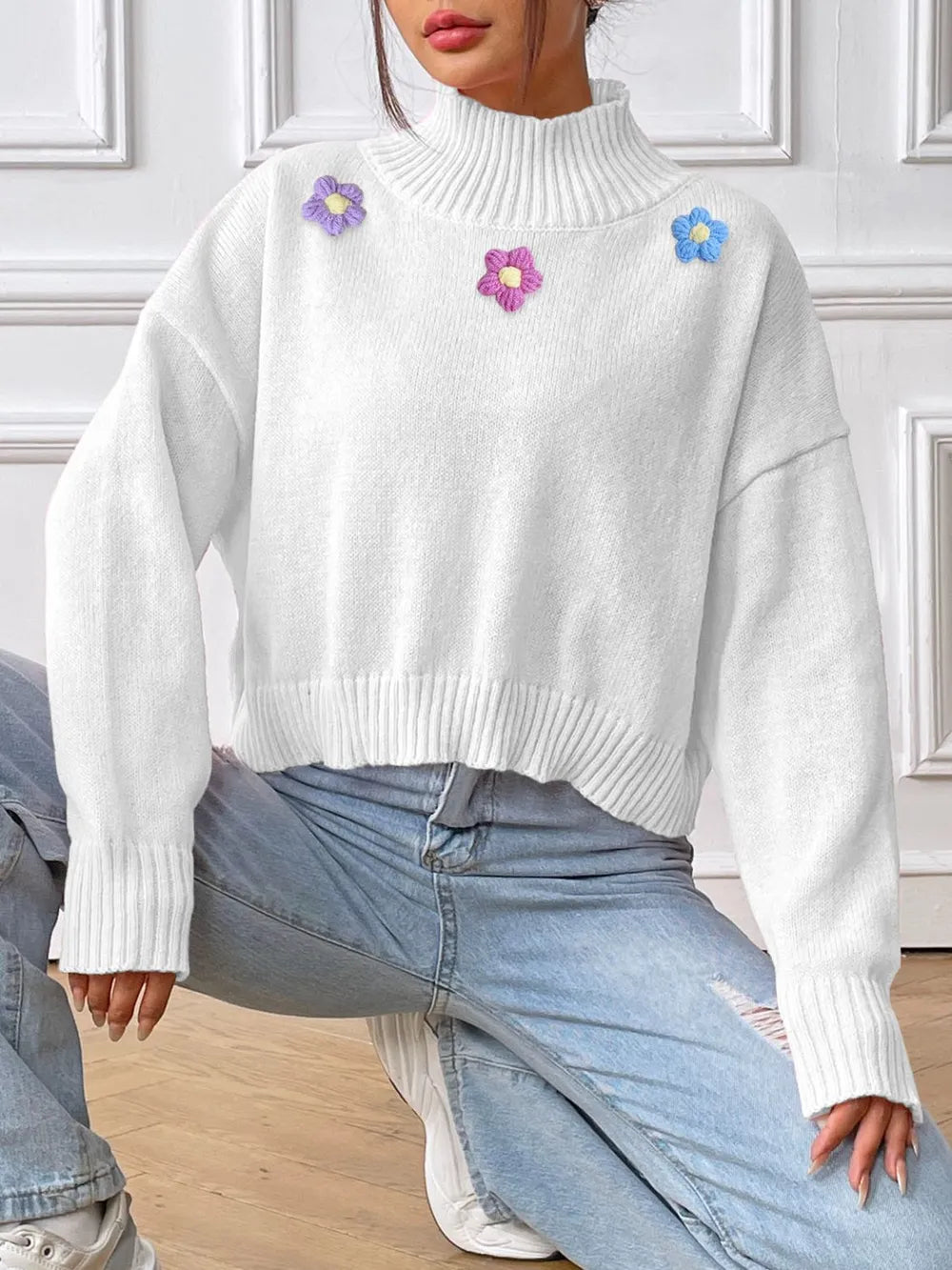 Hand hook flower collage high neck pullover sweater loose casual base sweater - Korvel