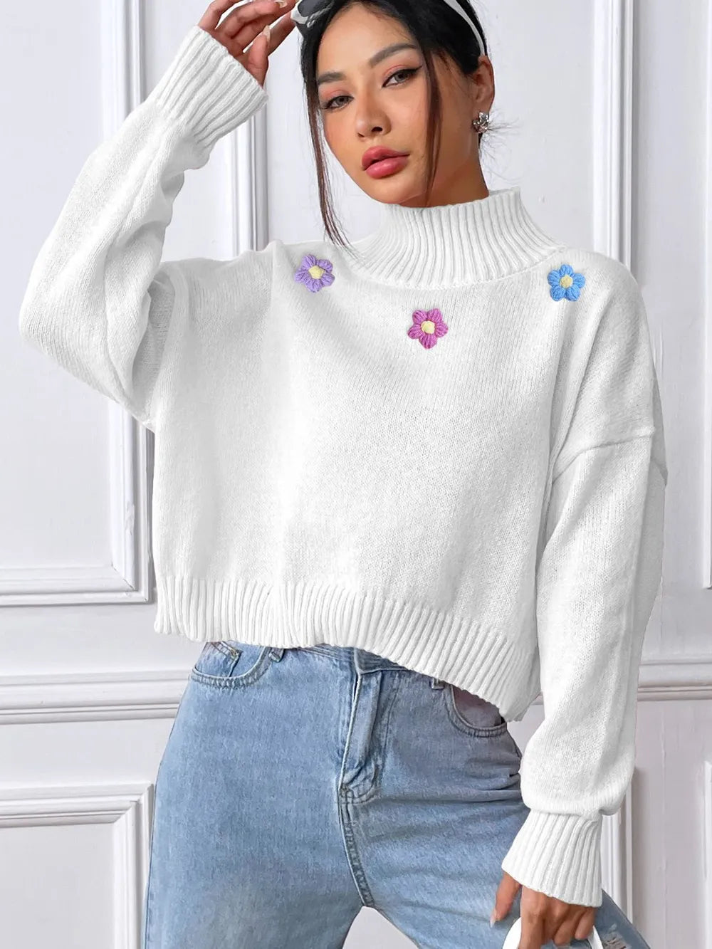 Hand hook flower collage high neck pullover sweater loose casual base sweater - Korvel