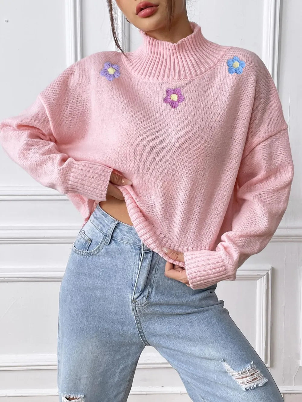 Hand hook flower collage high neck pullover sweater loose casual base sweater - Korvel