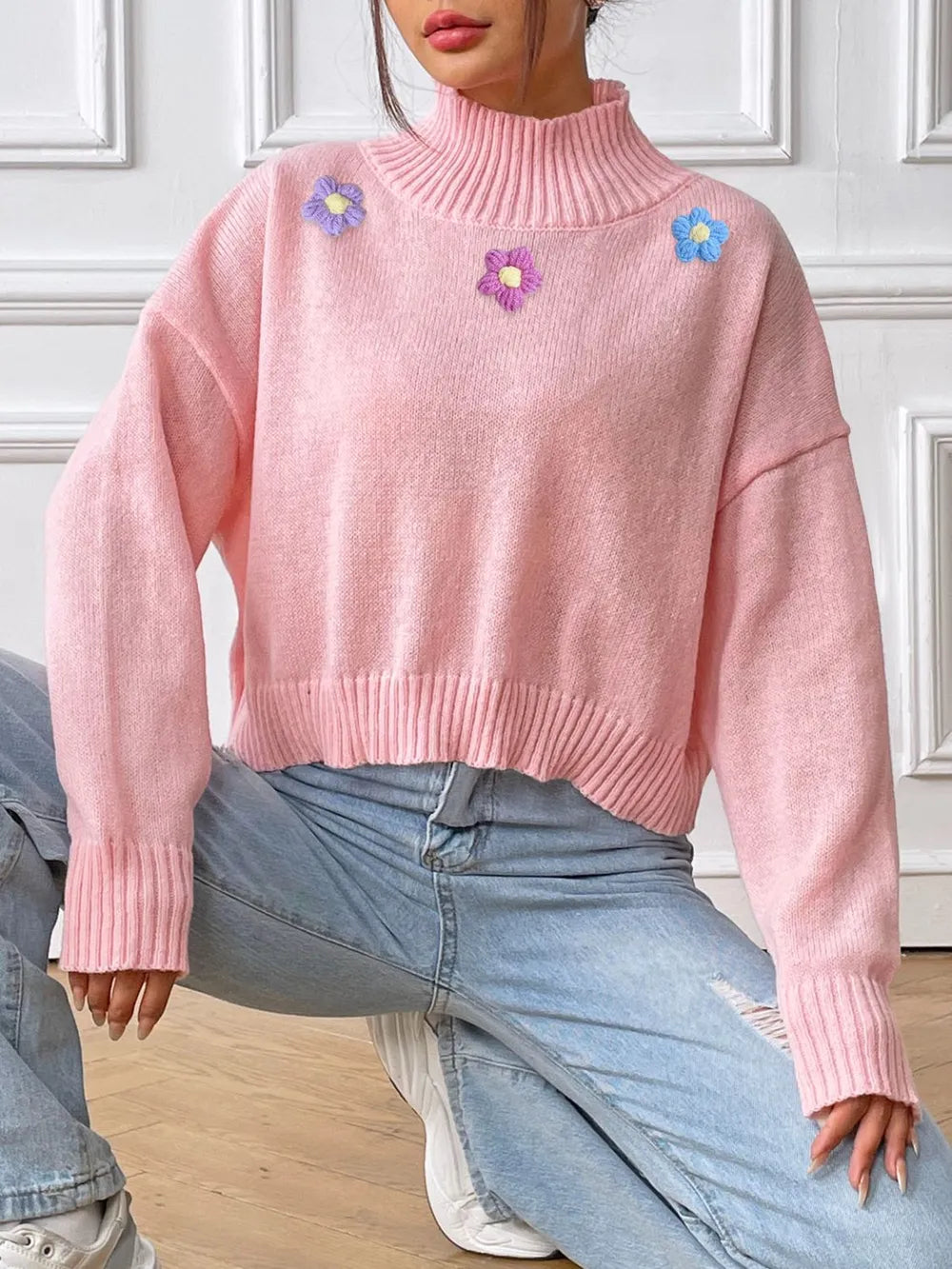 Hand hook flower collage high neck pullover sweater loose casual base sweater - Korvel