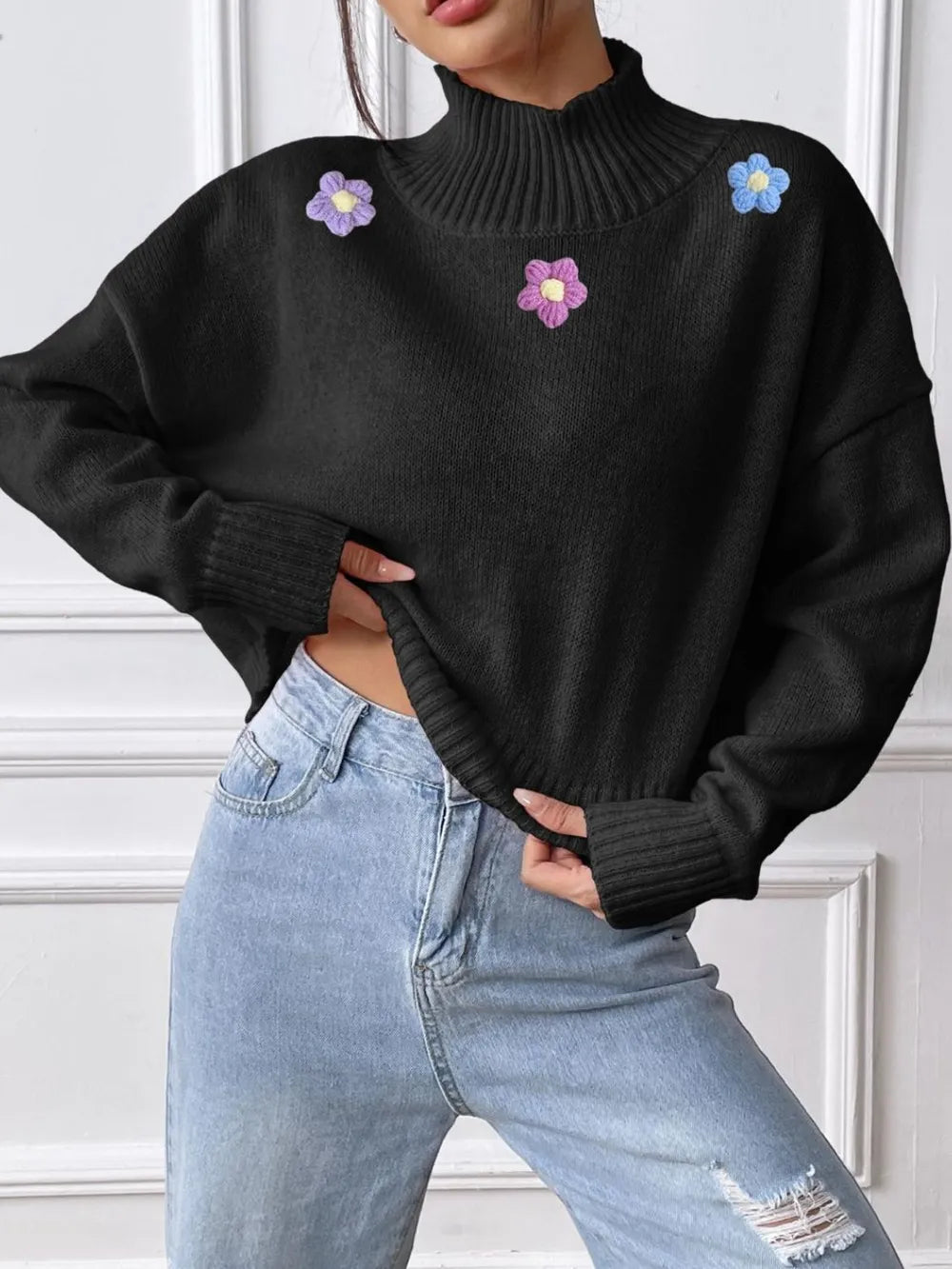 Hand hook flower collage high neck pullover sweater loose casual base sweater - Korvel