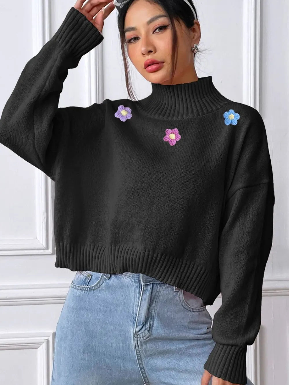 Hand hook flower collage high neck pullover sweater loose casual base sweater - Korvel