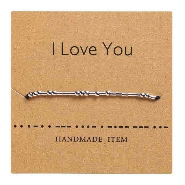 Bracelet en perles fait main avec cordon noir et carte Je t'aime
