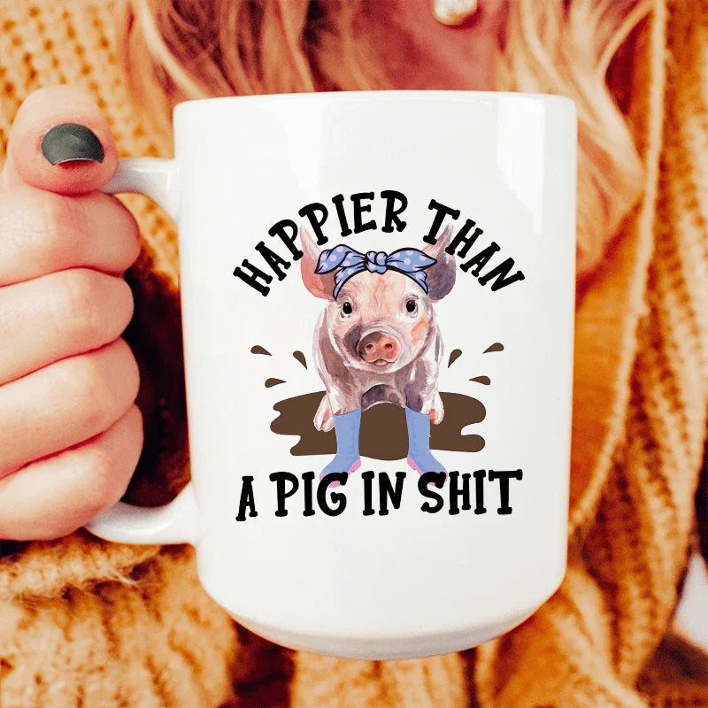 Happier Than A Pig Ceramic Mug - 15 oz