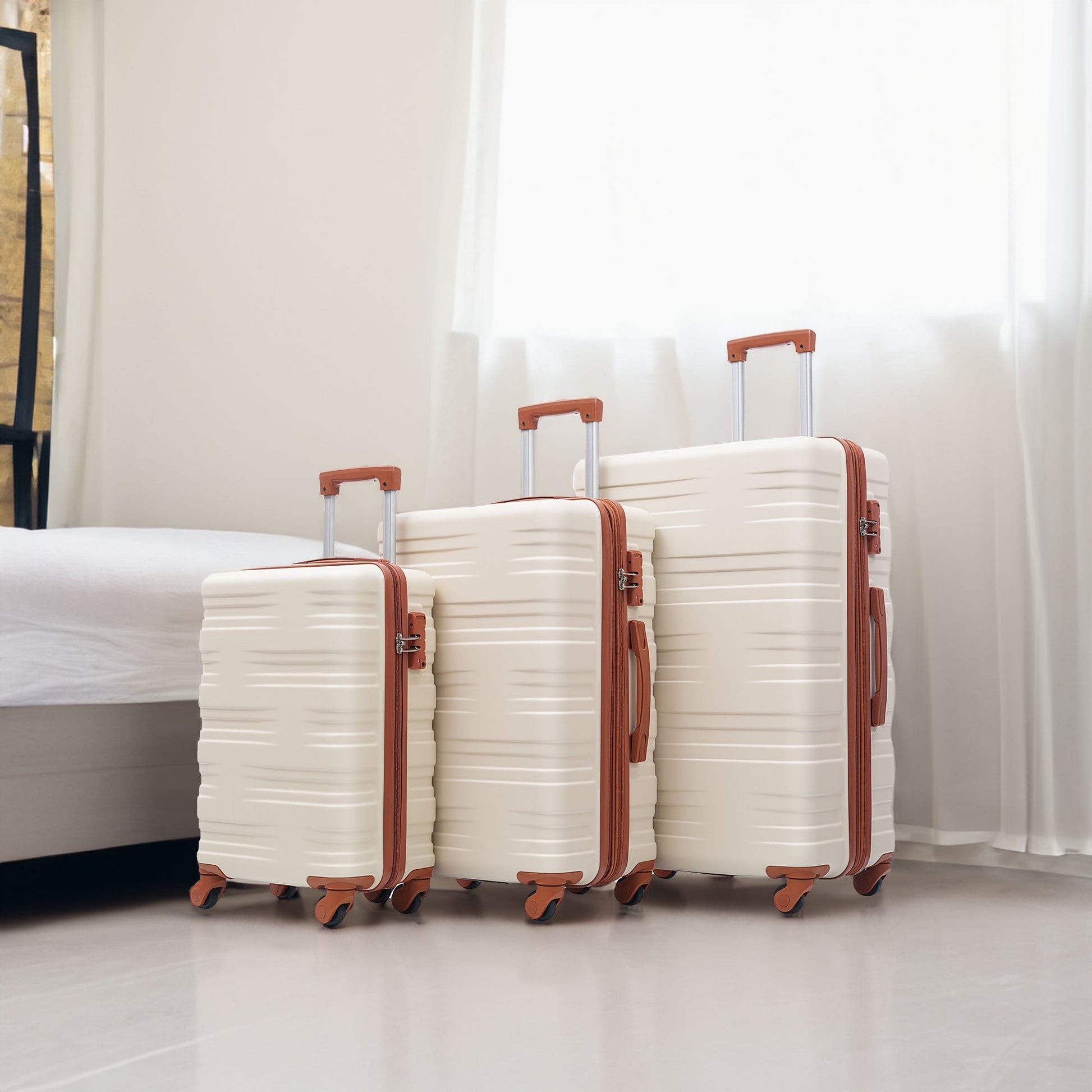 Hardshell Luggage Sets 3 Pcs Spinner Suitcase with TSA Lock Lightweight 20''24''28''  Brown+White + ABS - Korvel