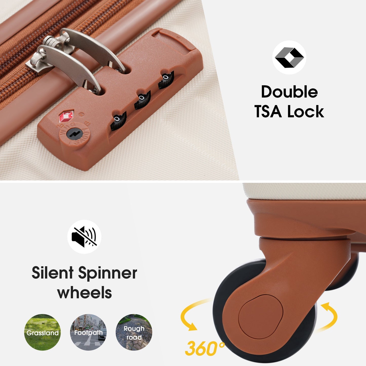 Hardshell Luggage Sets 3 Pcs Spinner Suitcase with TSA Lock Lightweight 20''24''28''  Brown+White + ABS - Korvel