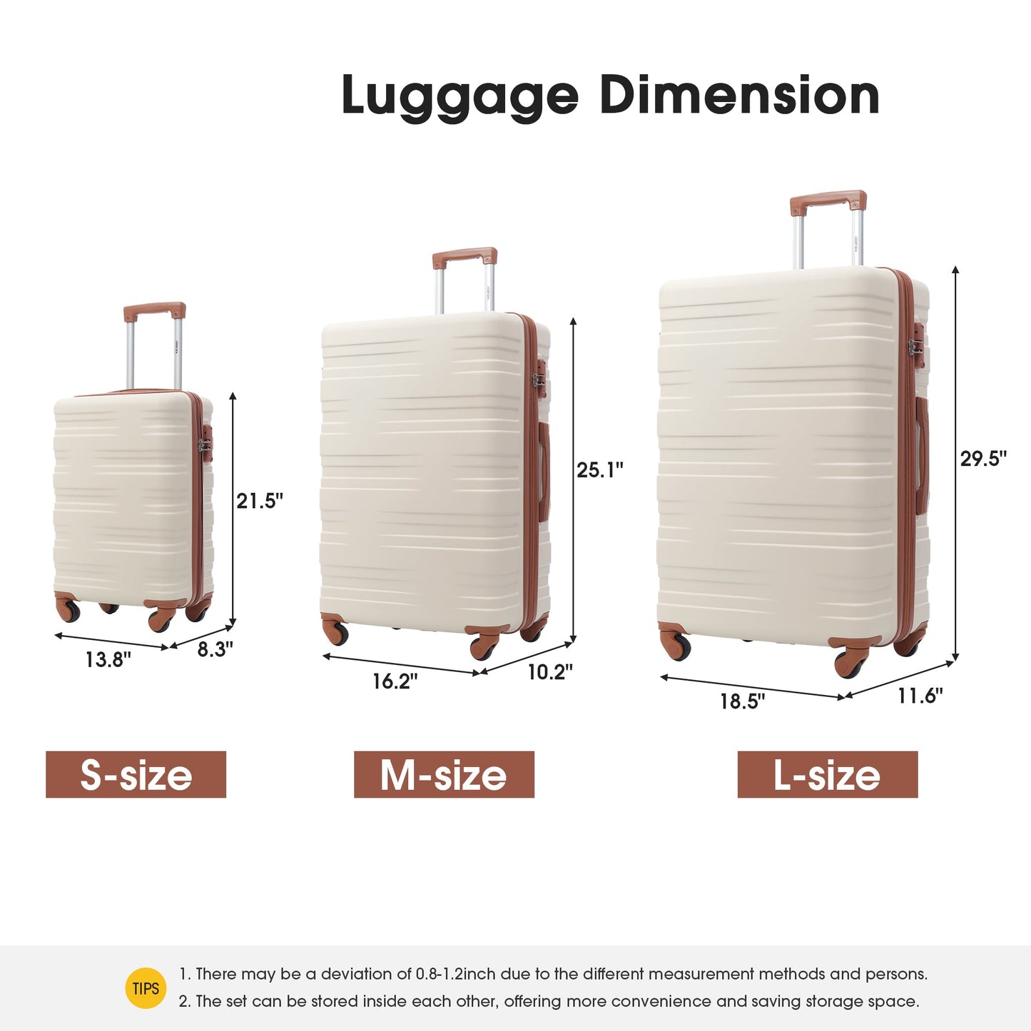 Hardshell Luggage Sets 3 Pcs Spinner Suitcase with TSA Lock Lightweight 20''24''28''  Brown+White + ABS - Korvel