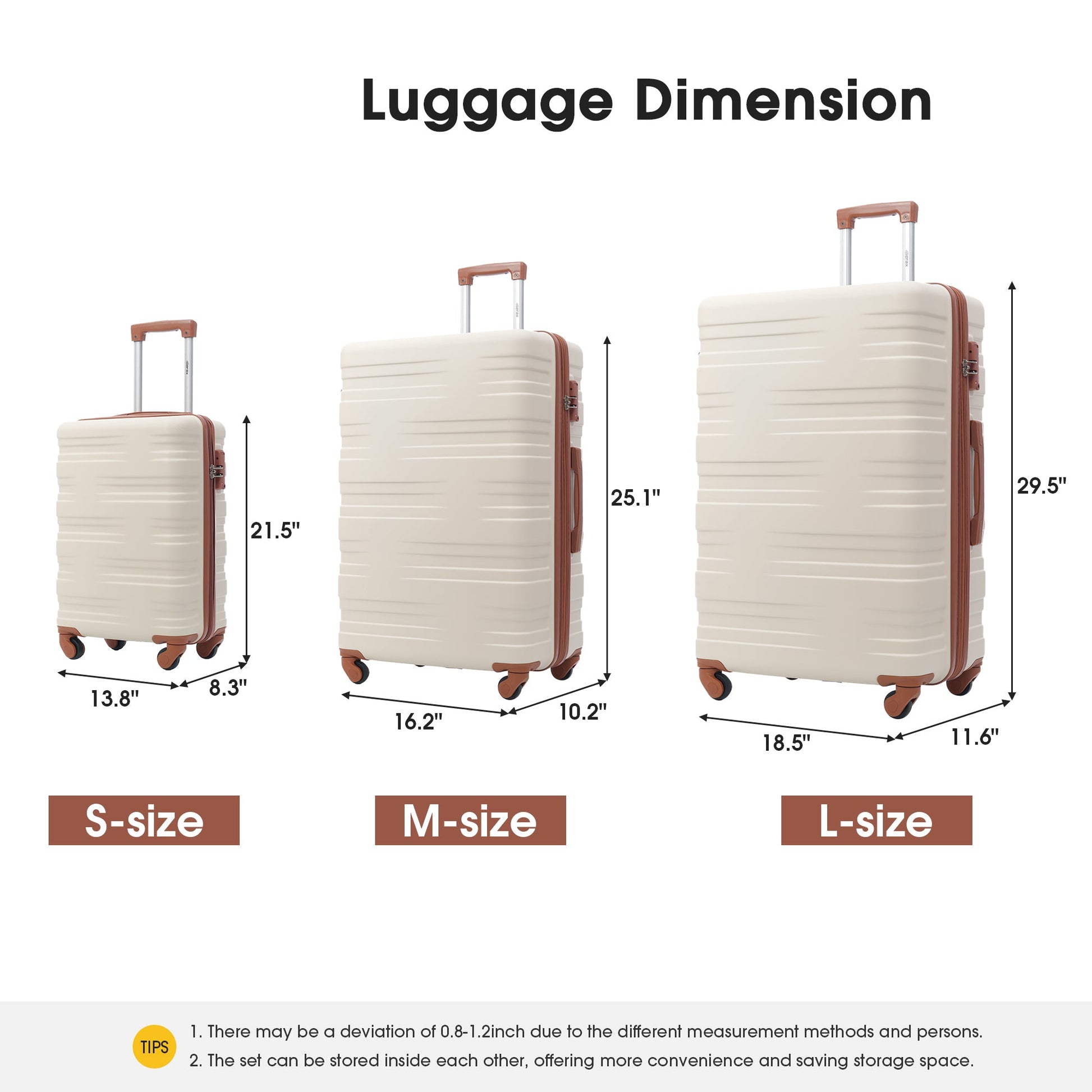 Hardshell Luggage Sets 3 Pcs Spinner Suitcase with TSA Lock Lightweight 20''24''28''  Brown+White + ABS - Korvel