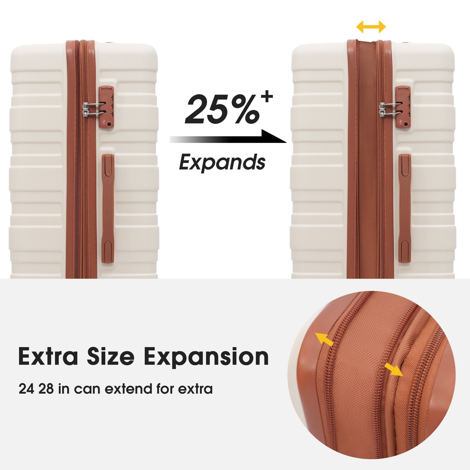 Hardshell Luggage Sets 3 Pcs Spinner Suitcase with TSA Lock Lightweight 20''24''28''  Brown+White + ABS - Korvel