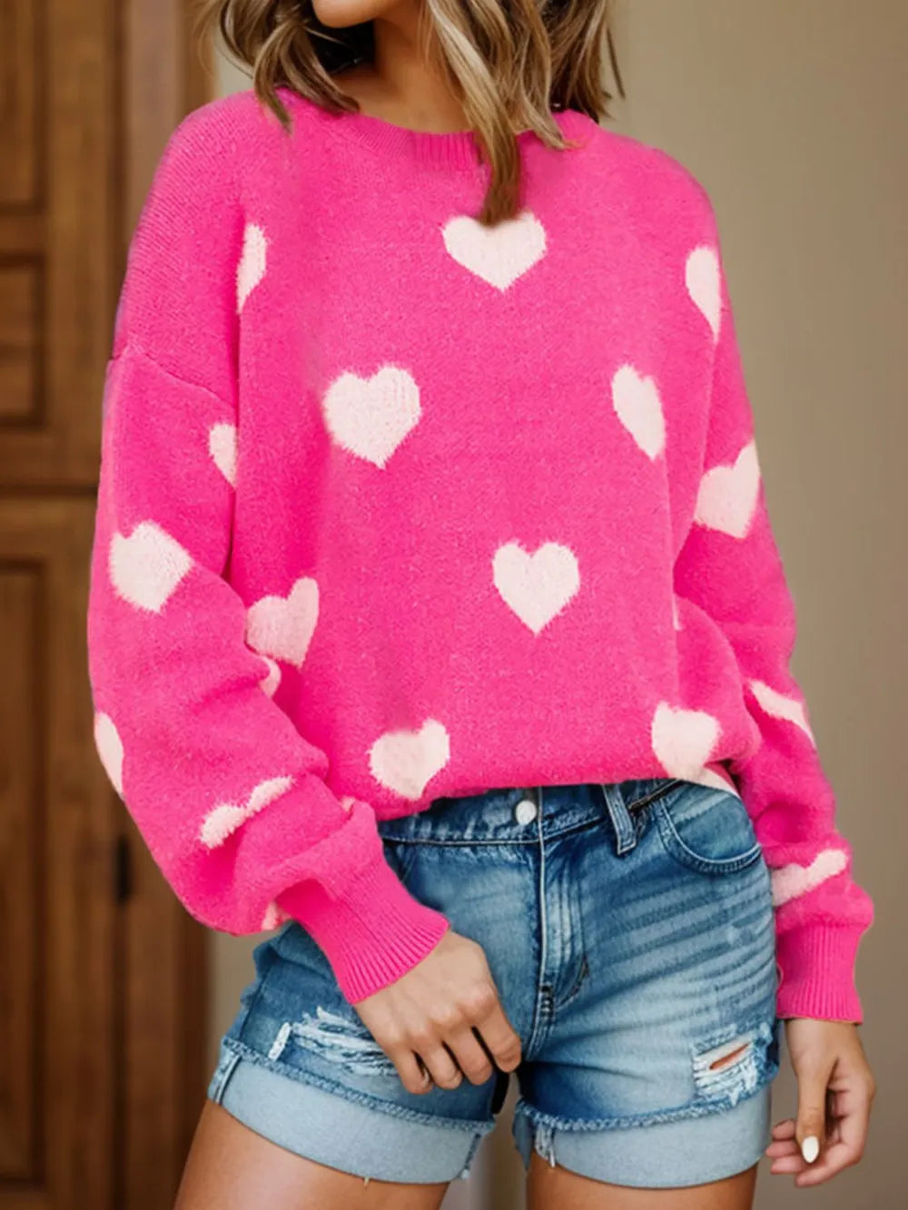 Heart Round Neck Dropped Shoulder Sweater - Korvel