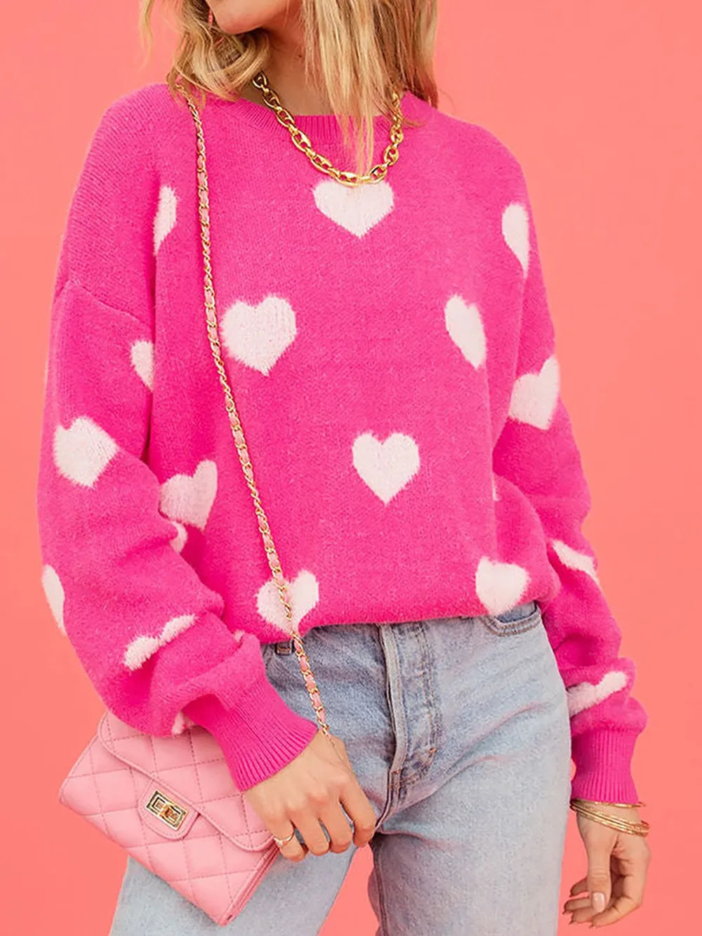 Heart Round Neck Dropped Shoulder Sweater - Korvel