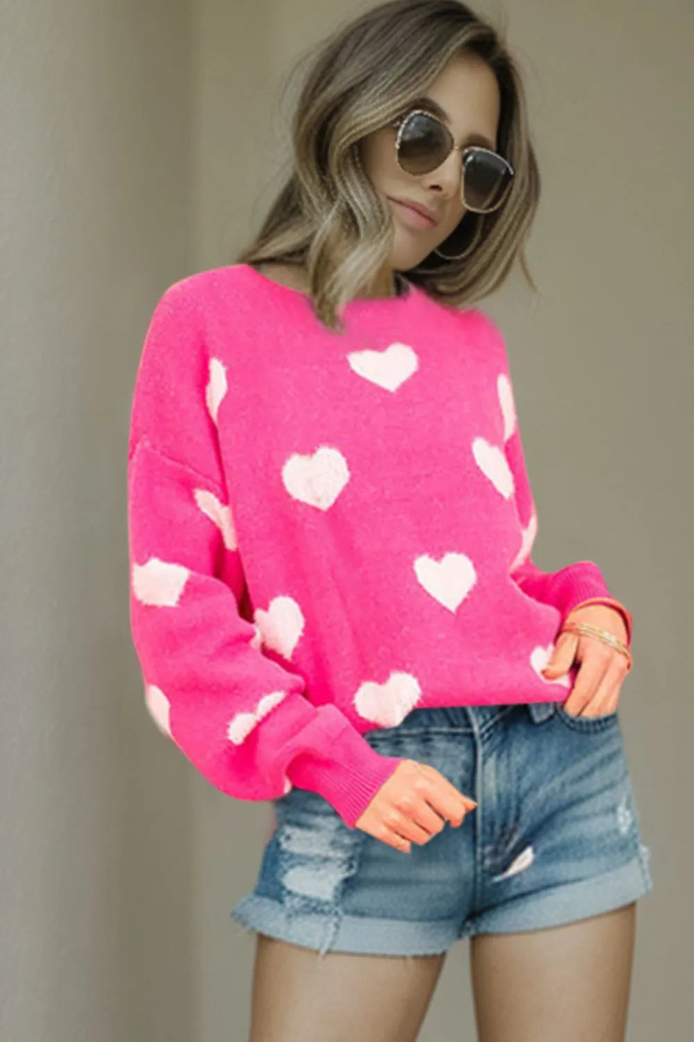 Heart Round Neck Dropped Shoulder Sweater - Korvel