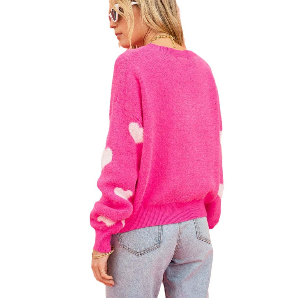 Heart Round Neck Dropped Shoulder Sweater - Korvel