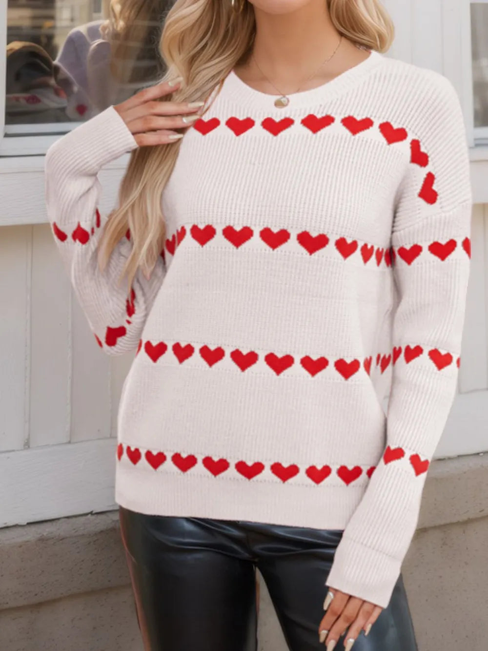 Heart Round Neck Long Sleeve Sweater - Korvel
