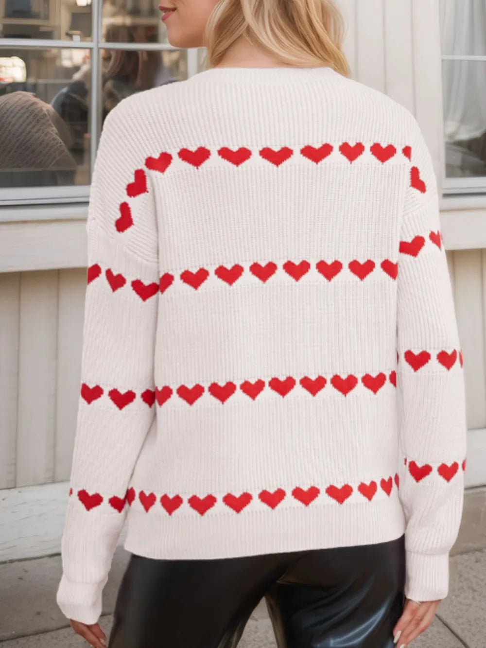 Heart Round Neck Long Sleeve Sweater - Korvel