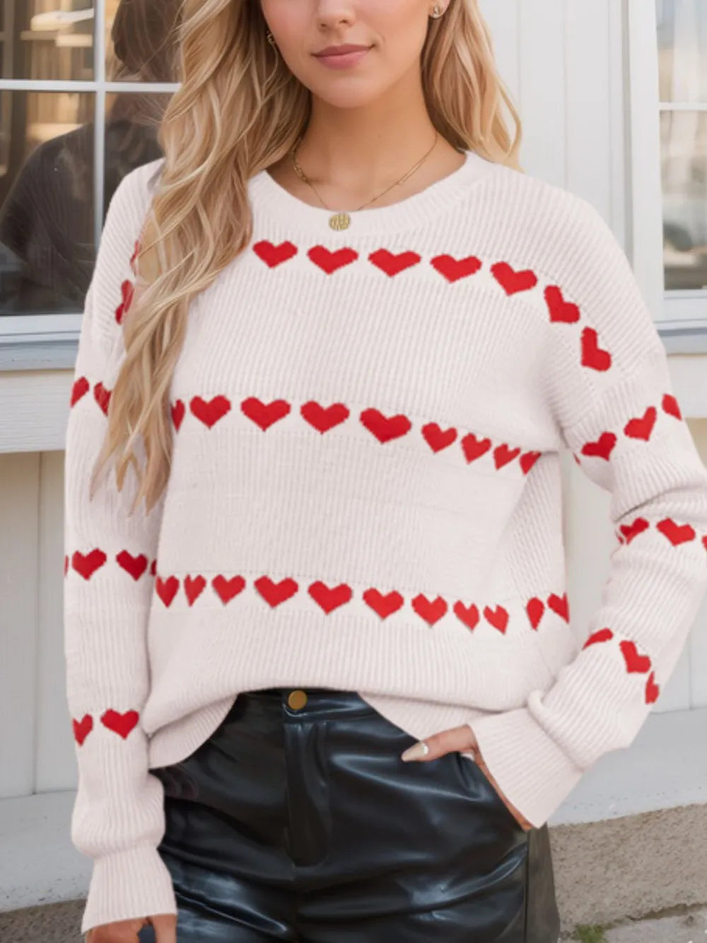 Heart Round Neck Long Sleeve Sweater - Korvel