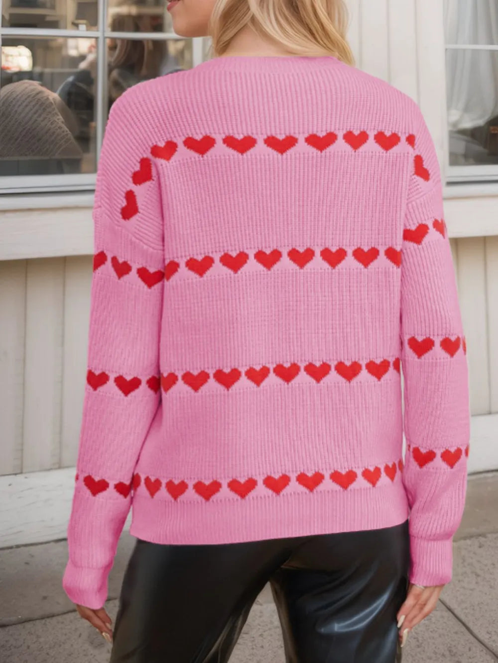 Heart Round Neck Long Sleeve Sweater - Korvel