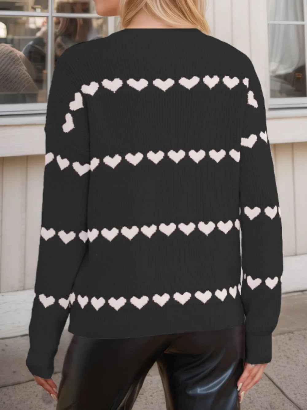 Heart Round Neck Long Sleeve Sweater - Korvel