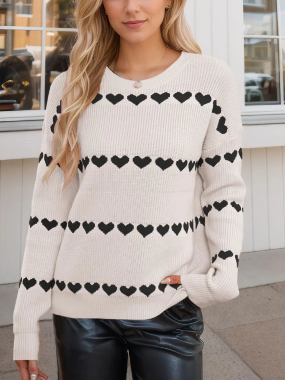 Heart Round Neck Long Sleeve Sweater - Korvel