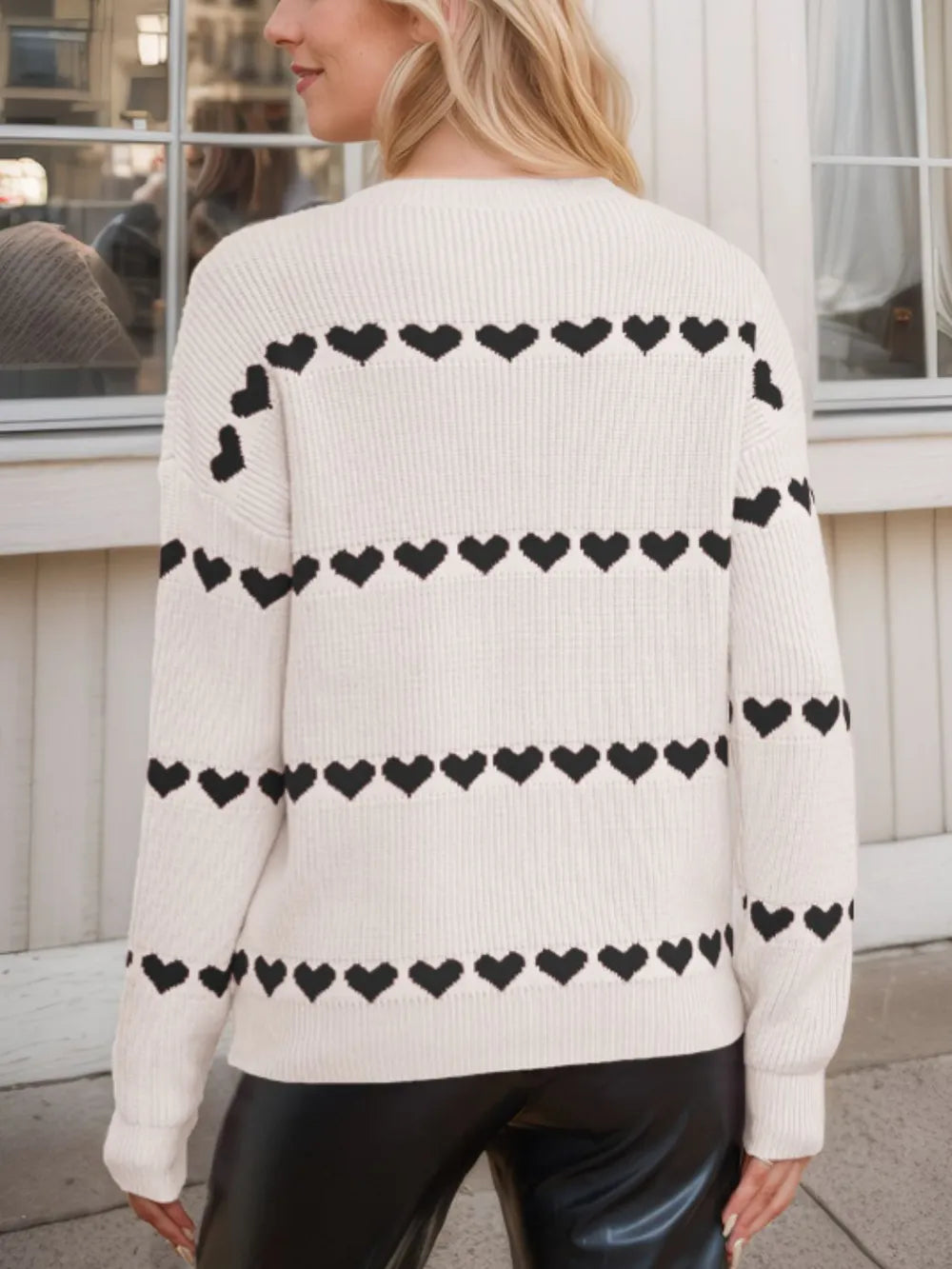 Heart Round Neck Long Sleeve Sweater - Korvel