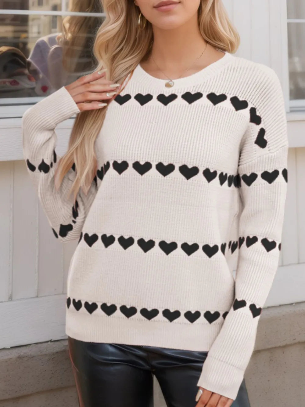 Heart Round Neck Long Sleeve Sweater - Korvel