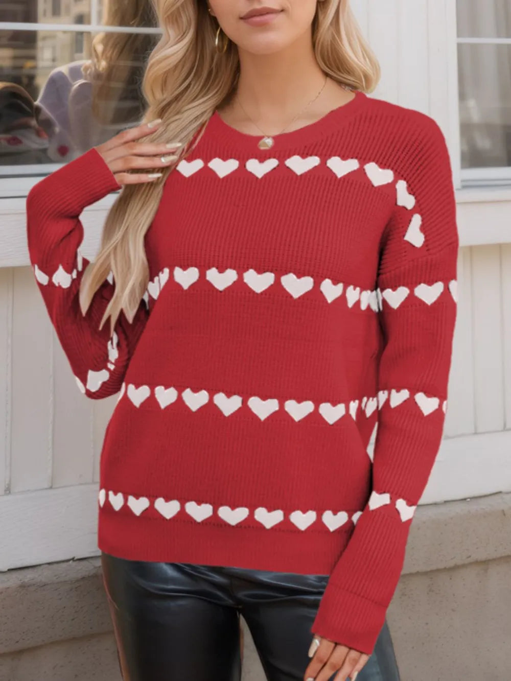 Heart Round Neck Long Sleeve Sweater - Korvel