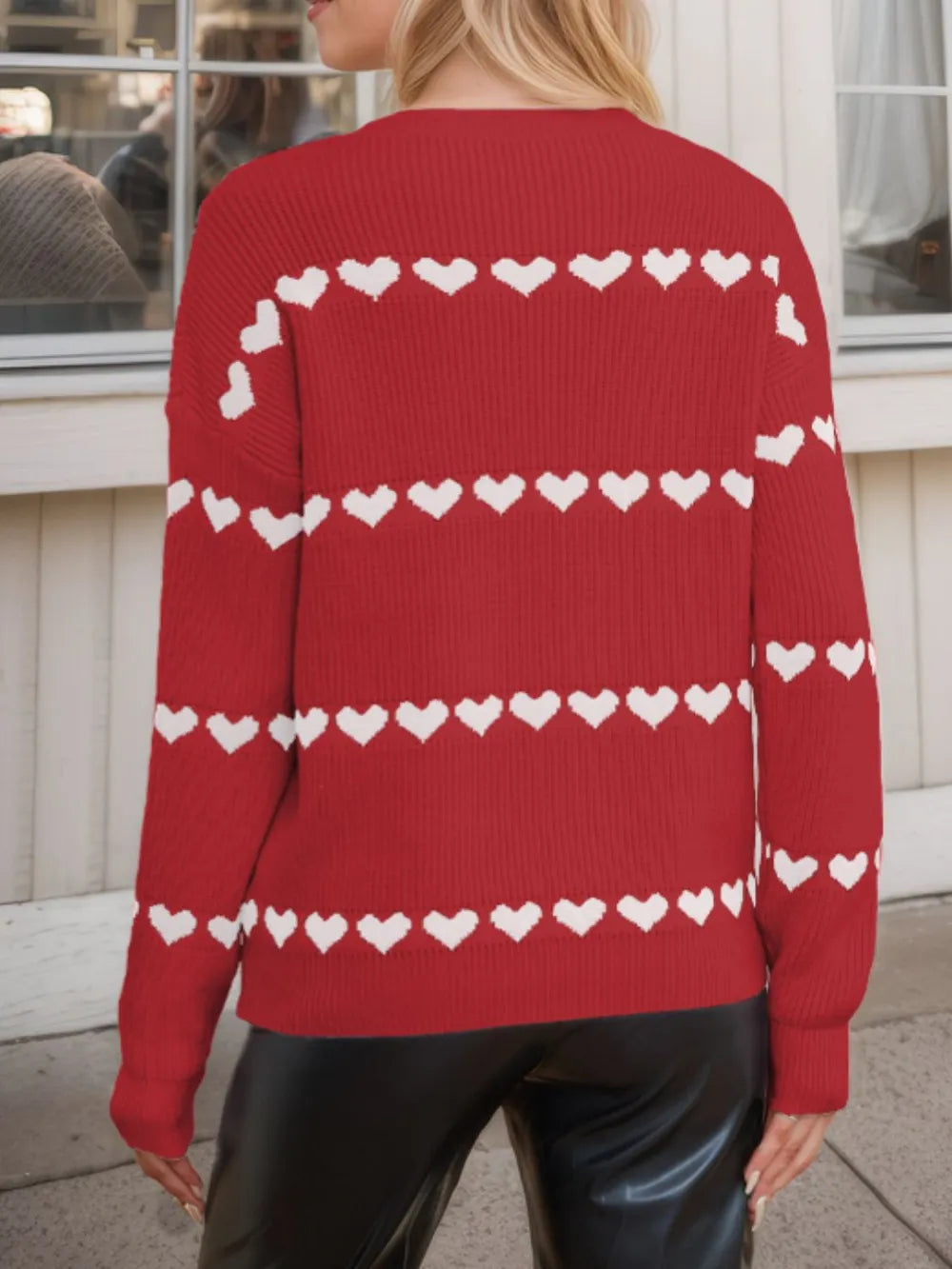 Heart Round Neck Long Sleeve Sweater - Korvel