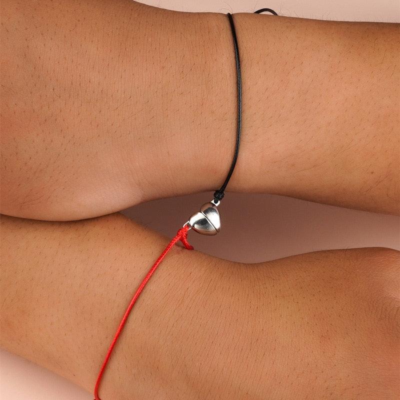 Bracelets Couple Magnétiques en Forme de Cœur - Corde Rouge Noire Ajustable