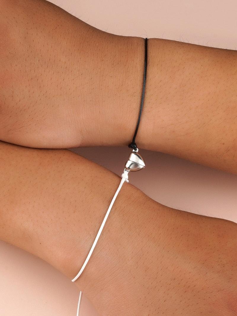 Bracelets Couple Magnétiques en Forme de Cœur - Corde Rouge Noire Ajustable
