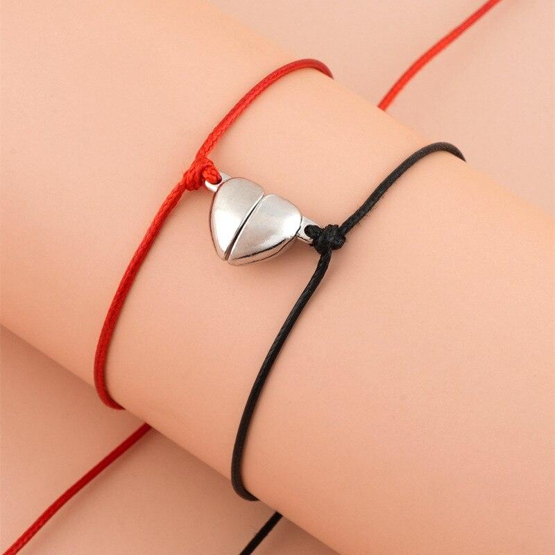 Bracelets Couple Magnétiques en Forme de Cœur - Corde Rouge Noire Ajustable