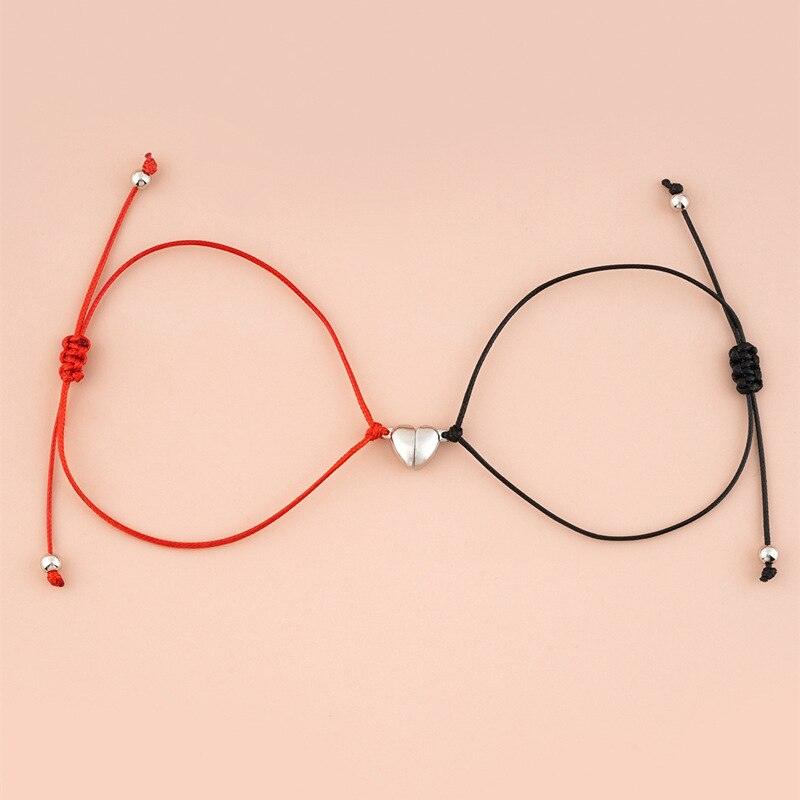 Bracelets Couple Magnétiques en Forme de Cœur - Corde Rouge Noire Ajustable