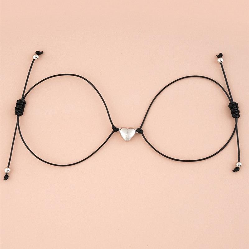 Bracelets Couple Magnétiques en Forme de Cœur - Corde Rouge Noire Ajustable