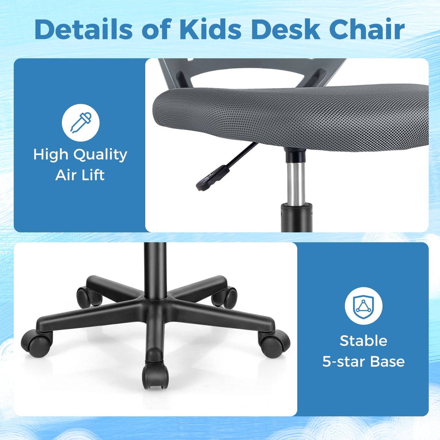 Chaise de bureau ergonomique pour enfants réglable en hauteur - Gris