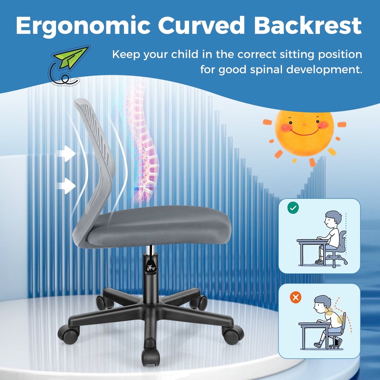 Chaise de bureau ergonomique pour enfants réglable en hauteur - Gris