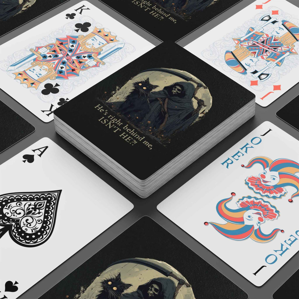 Il est juste derrière moi, n'est-ce pas ? Cartes à jouer de poker avec un chat noir