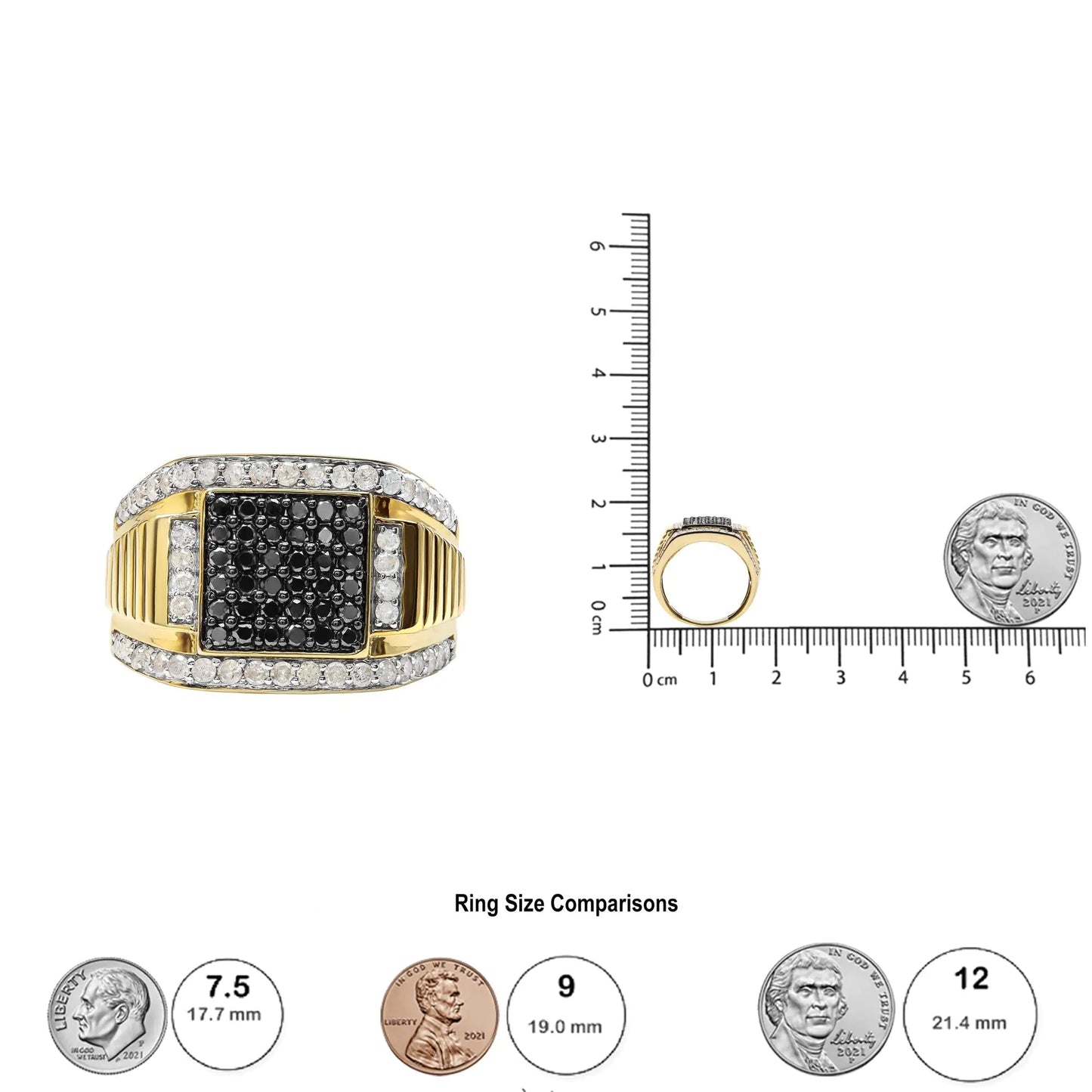 Bague en diamant en cluster en or jaune 10K pour homme avec diamants noirs et blancs