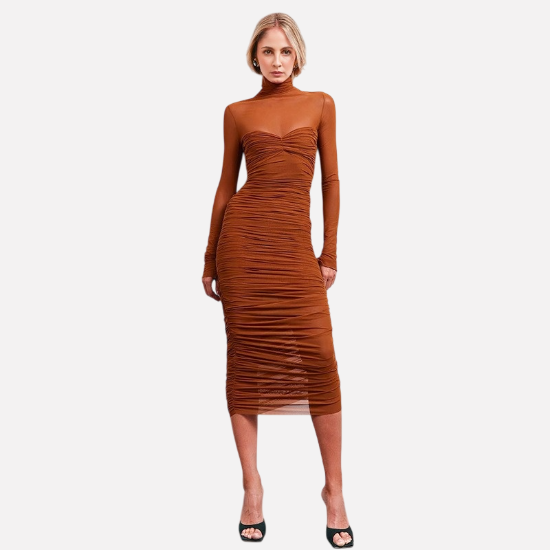 Elegant High Neck Pleated Long Sleeve Dress