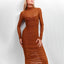 Elegant High Neck Pleated Long Sleeve Dress