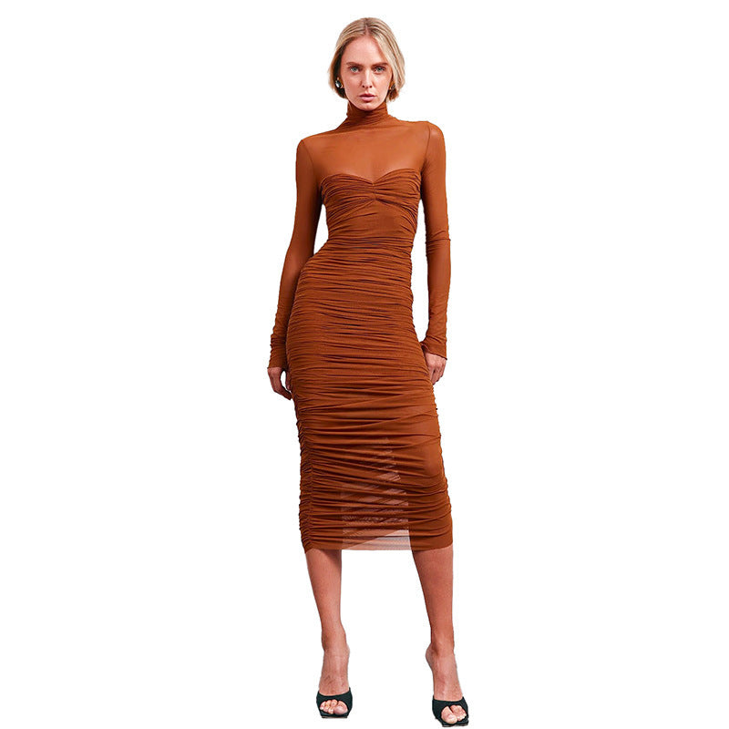 Elegant High Neck Pleated Long Sleeve Dress