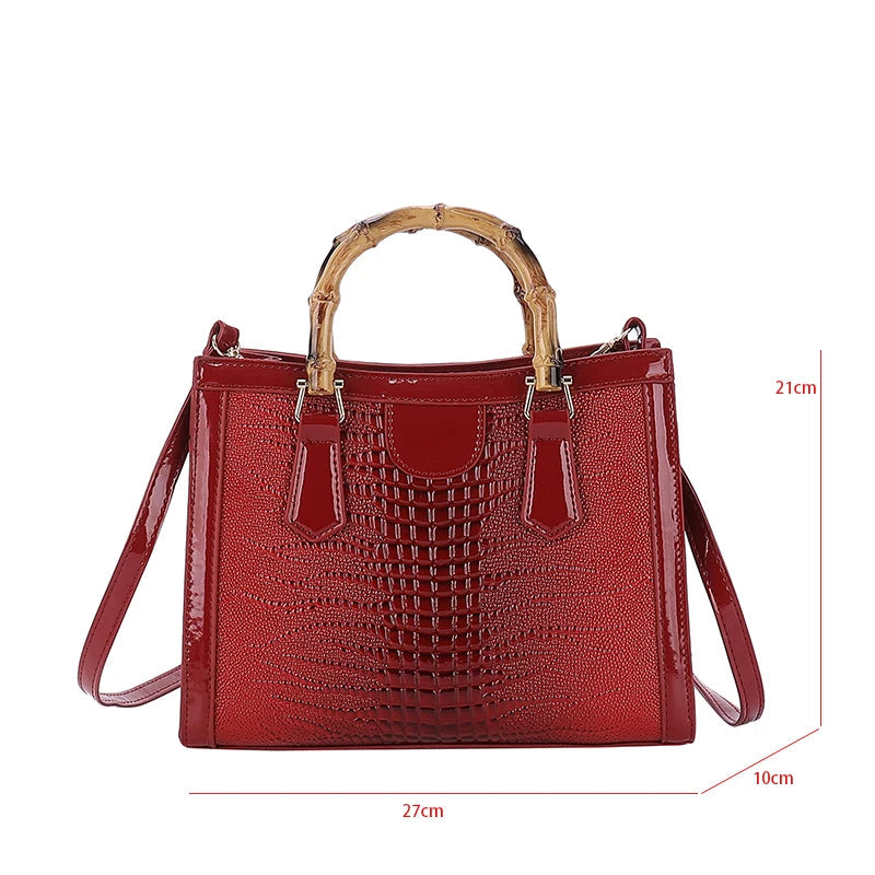 High Quality Leather Shoulder Bag For Women Luxury Alligator Handbag Designer Women Bag Retro Bamboo Handle Tote Bag Female - Korvel