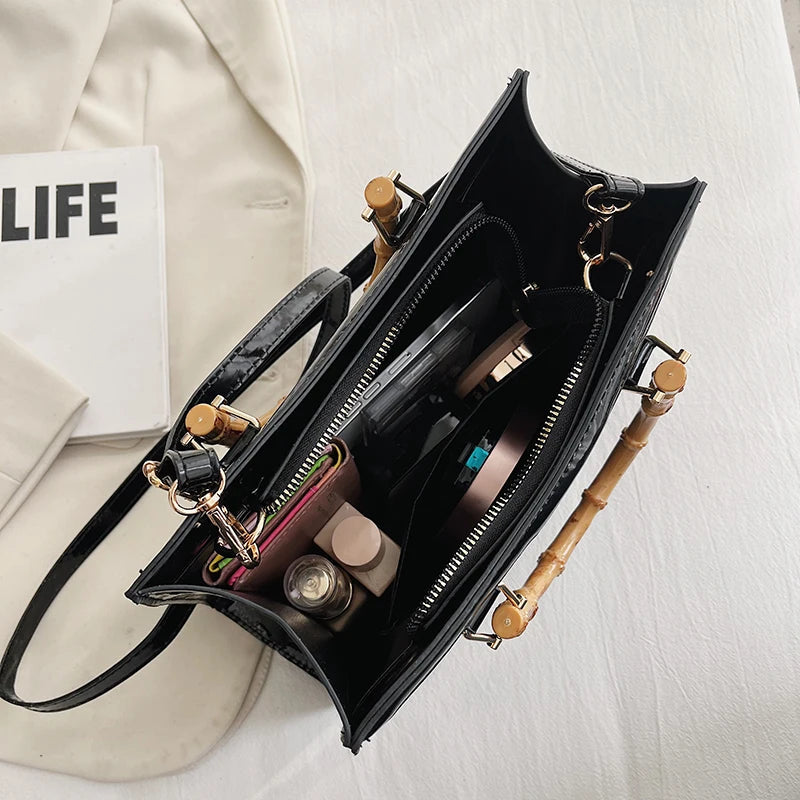 High Quality Leather Shoulder Bag For Women Luxury Alligator Handbag Designer Women Bag Retro Bamboo Handle Tote Bag Female - Korvel
