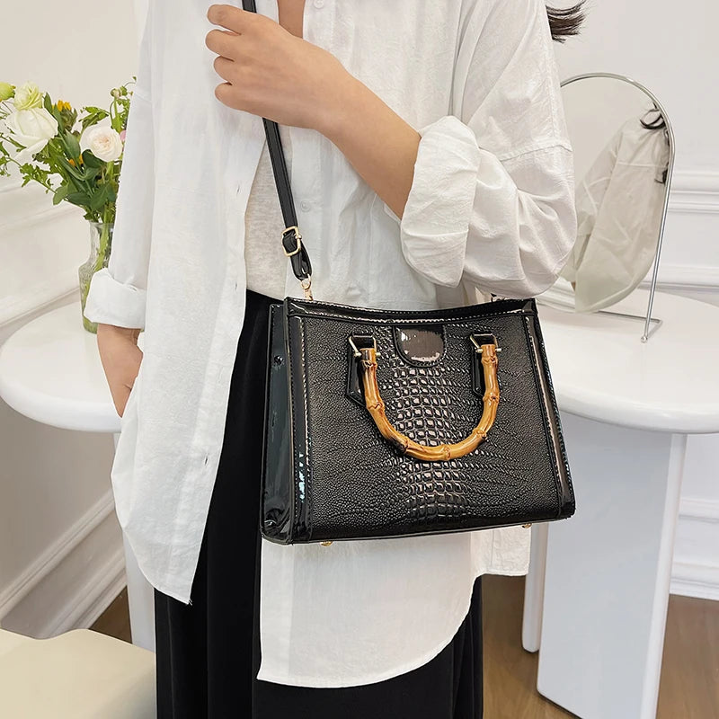 High Quality Leather Shoulder Bag For Women Luxury Alligator Handbag Designer Women Bag Retro Bamboo Handle Tote Bag Female - Korvel