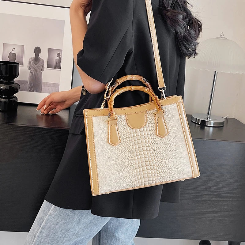 High Quality Leather Shoulder Bag For Women Luxury Alligator Handbag Designer Women Bag Retro Bamboo Handle Tote Bag Female - Korvel