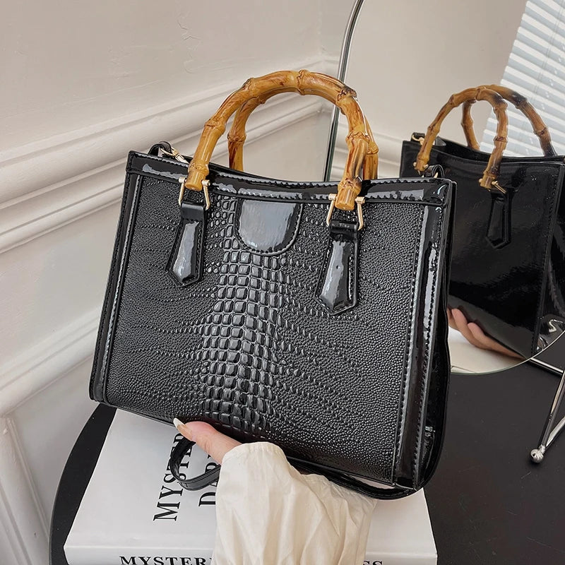 High Quality Leather Shoulder Bag For Women Luxury Alligator Handbag Designer Women Bag Retro Bamboo Handle Tote Bag Female - Korvel