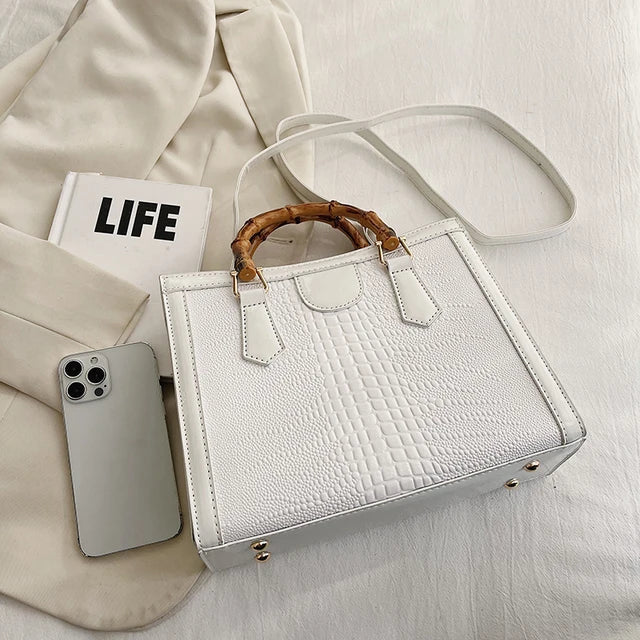 High Quality Leather Shoulder Bag For Women Luxury Alligator Handbag Designer Women Bag Retro Bamboo Handle Tote Bag Female - Korvel