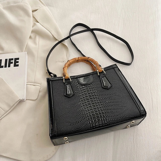 High Quality Leather Shoulder Bag For Women Luxury Alligator Handbag Designer Women Bag Retro Bamboo Handle Tote Bag Female - Korvel