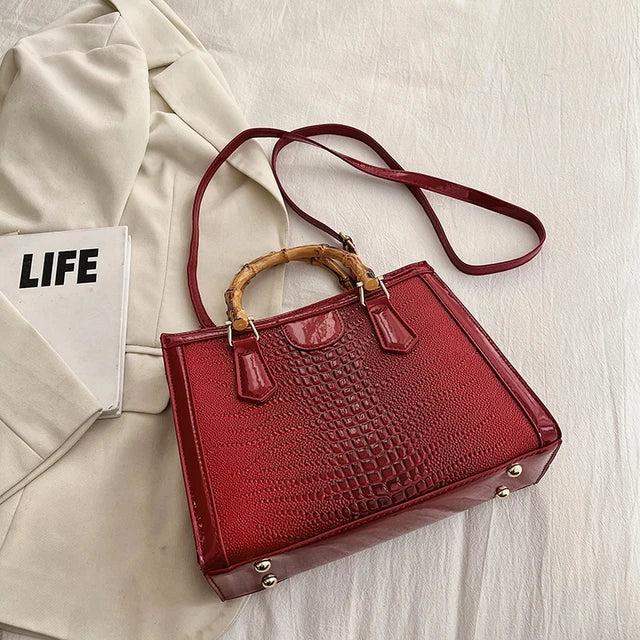 High Quality Leather Shoulder Bag For Women Luxury Alligator Handbag Designer Women Bag Retro Bamboo Handle Tote Bag Female - Korvel