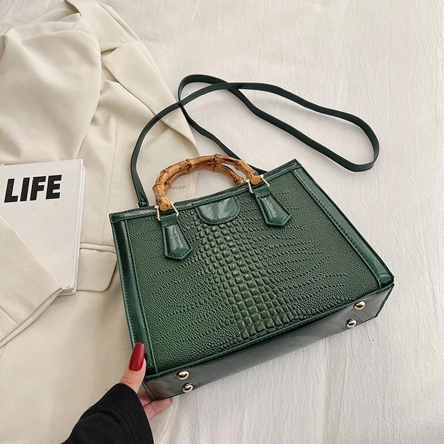 High Quality Leather Shoulder Bag For Women Luxury Alligator Handbag Designer Women Bag Retro Bamboo Handle Tote Bag Female - Korvel